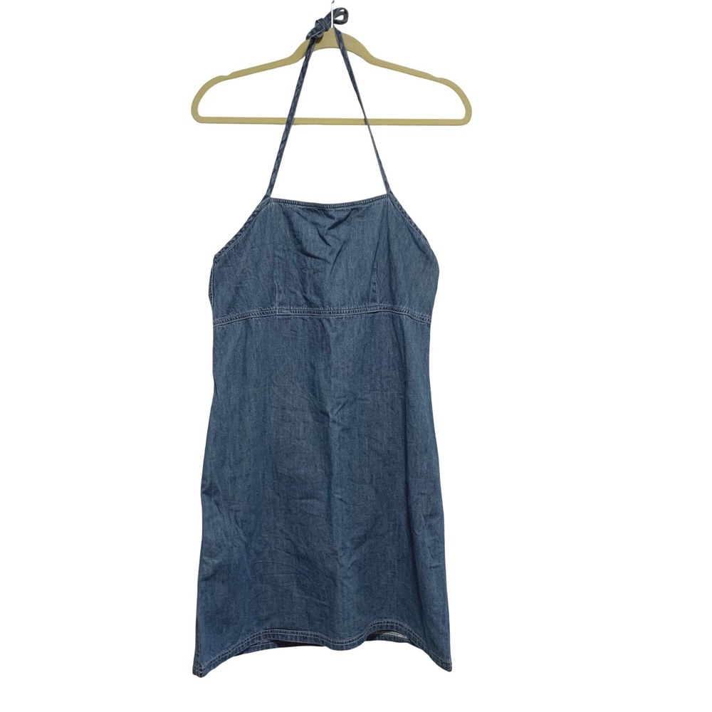 American Eagle Denim Halter Dress 12 Blue Y2K Cotton Mini Retro Tie Neck